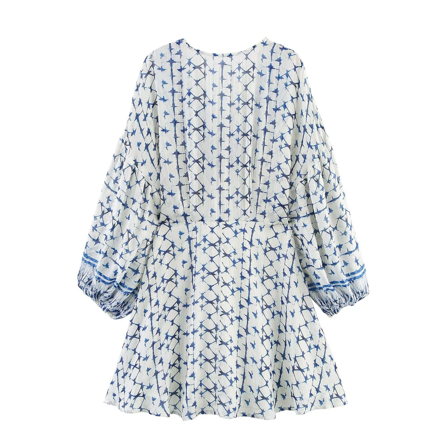 Women's' New Fashion pleated decorative long sleeved printed V-neck mini dress