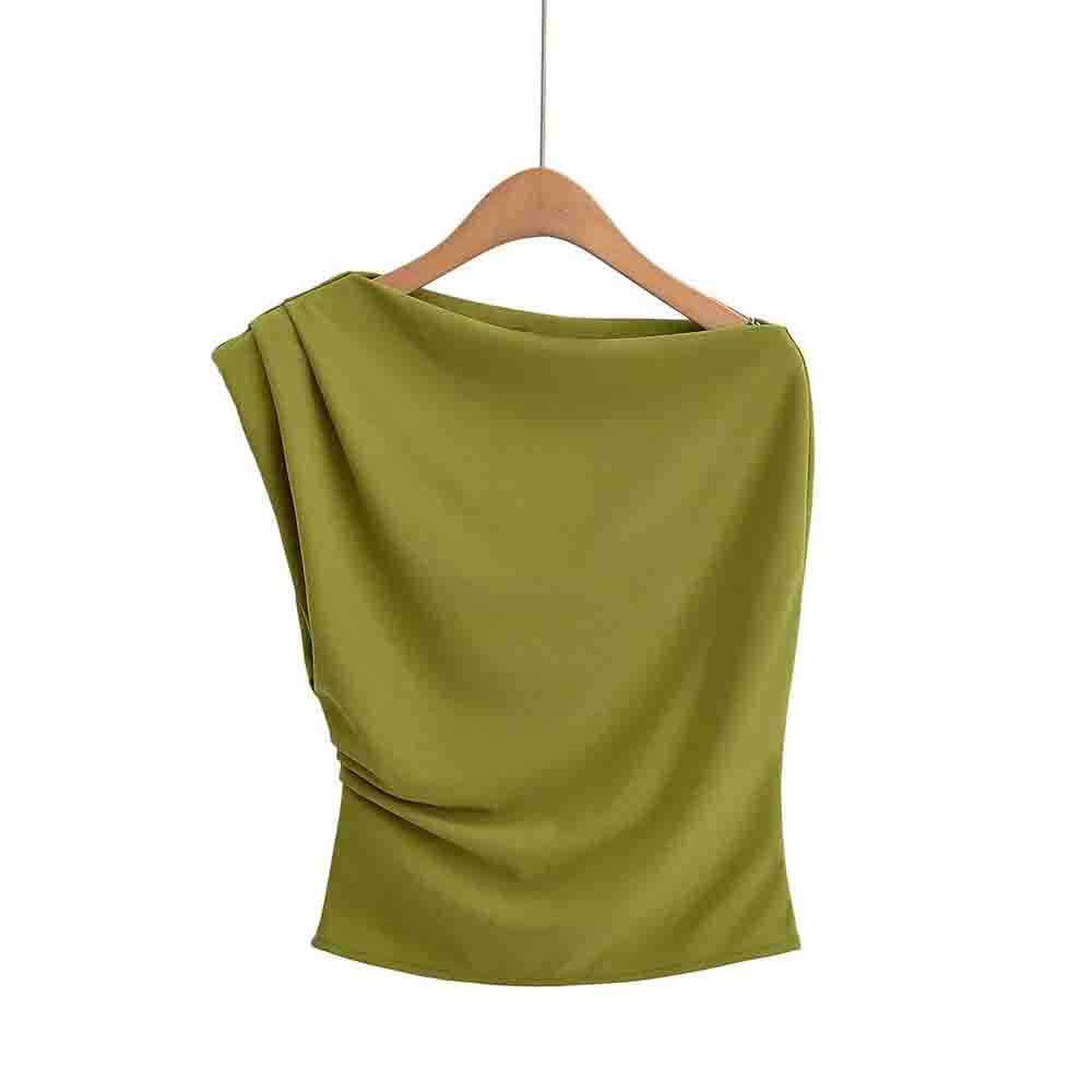 Women's new fashion multi-color knitted sloping shoulder collar pleated top