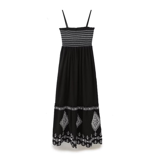 Women's new fashion sleeveless pleated embroidered suspender MIDI dress