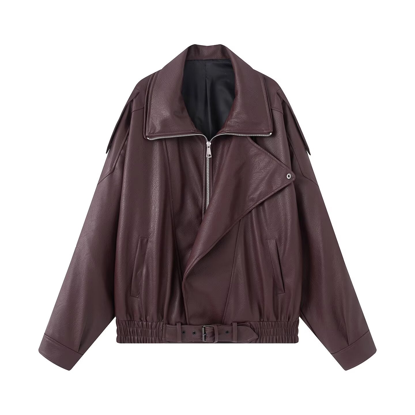 Women's with Belt loose zipper imitation leather jacket Coat