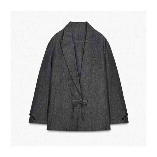 Women's new fashion loose linen blend lace up suit coat long sleeved suit coat