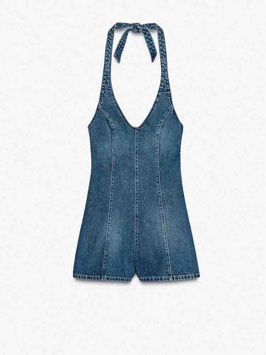 Women's new fashion sleeveless backless hanging neck collar denim jumpsuit