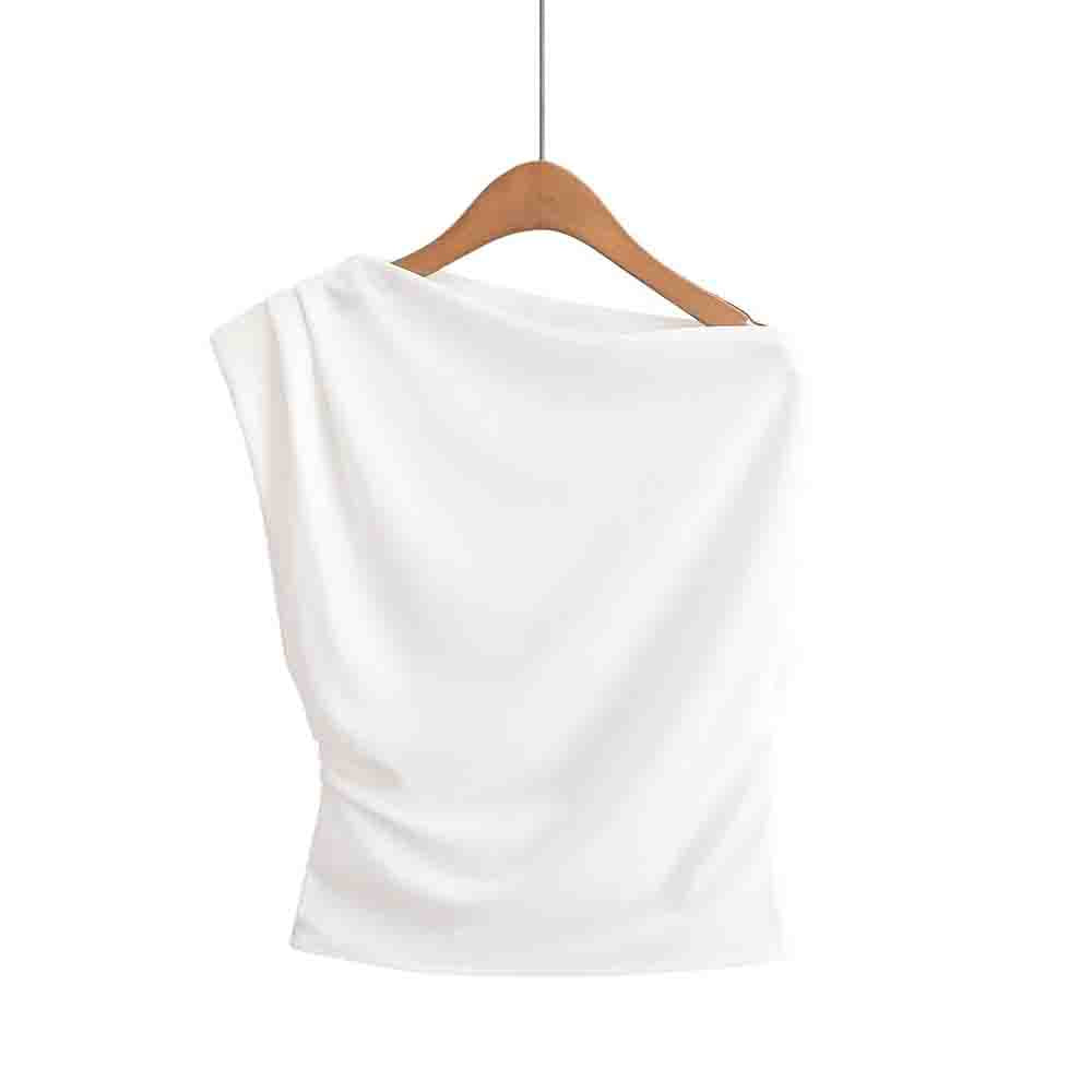Women's new fashion multi-color knitted sloping shoulder collar pleated top