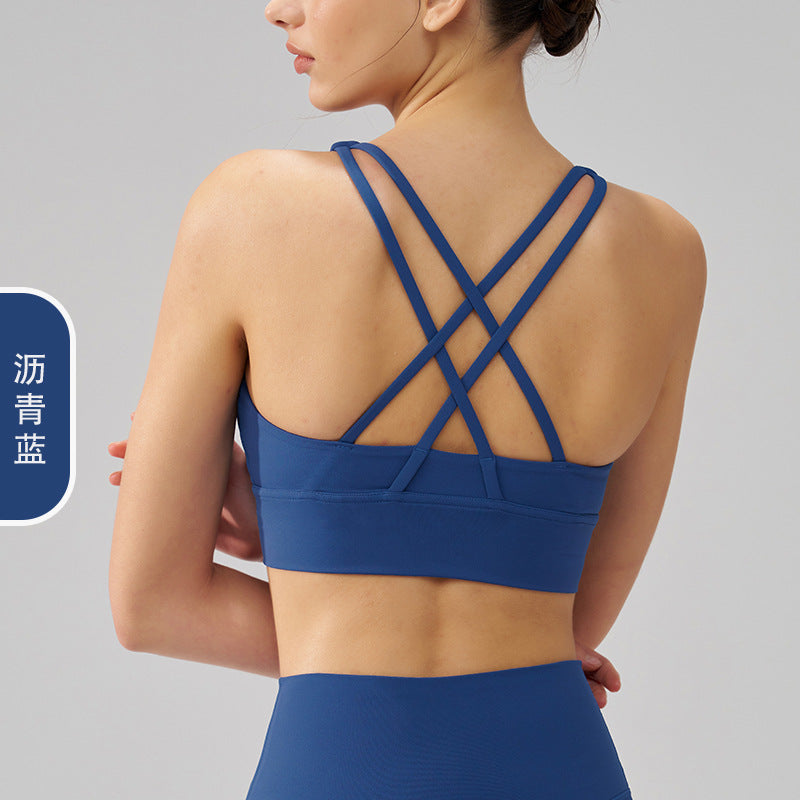 Women's new double-sided sanding cross back sports bra shockproof gathered yoga bra fitness vest