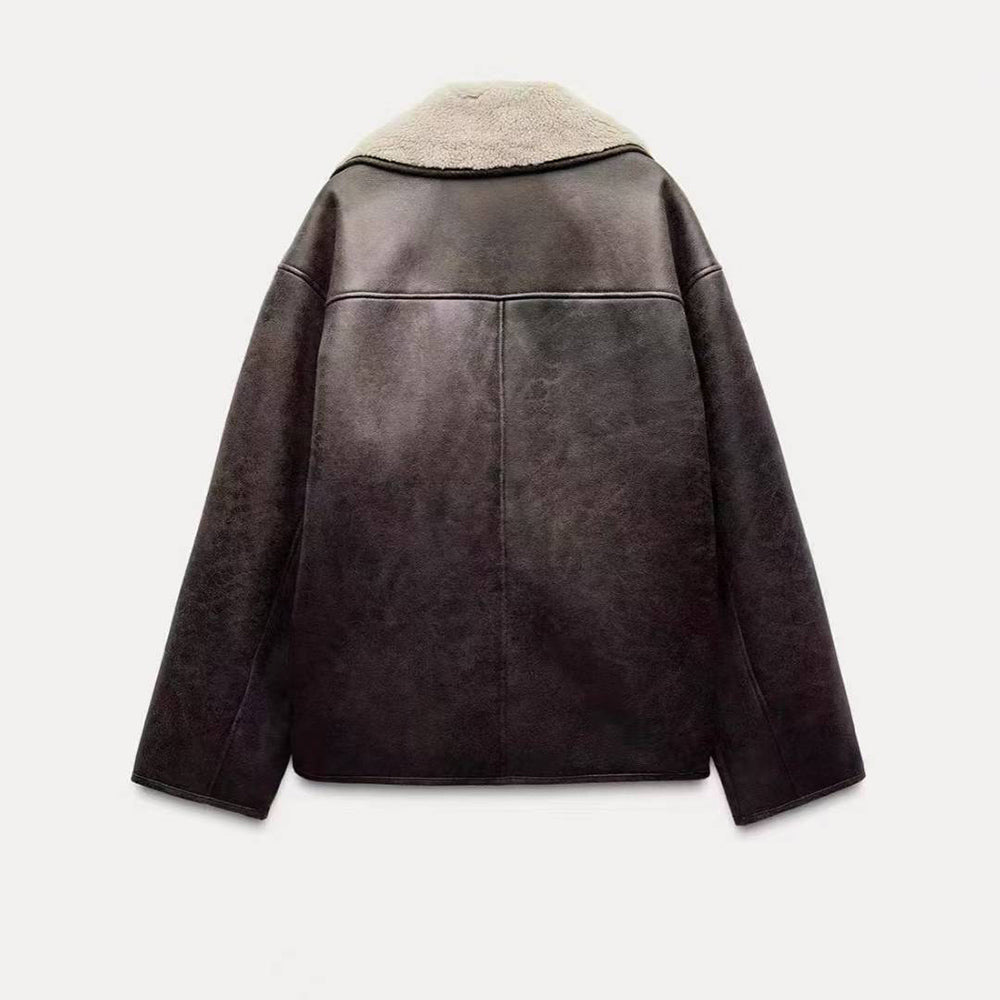 Women's loose warm double-sided Fur Faux Leather jacket Coat