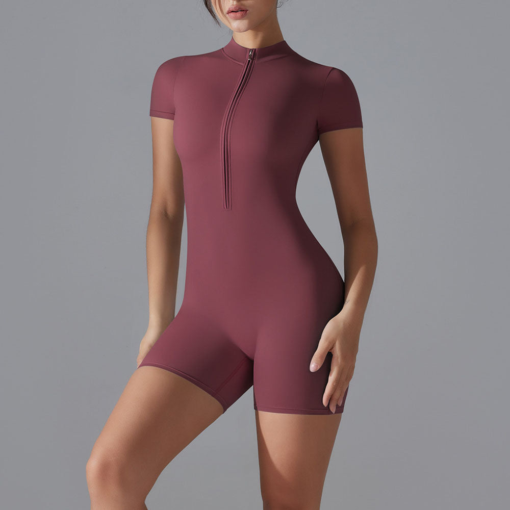 Women's Nude One-piece Yoga Clothes Stand Collar Half-open Zipper Short Sleeve Fitness Jumpsuit Tight Sports Jumpsuit