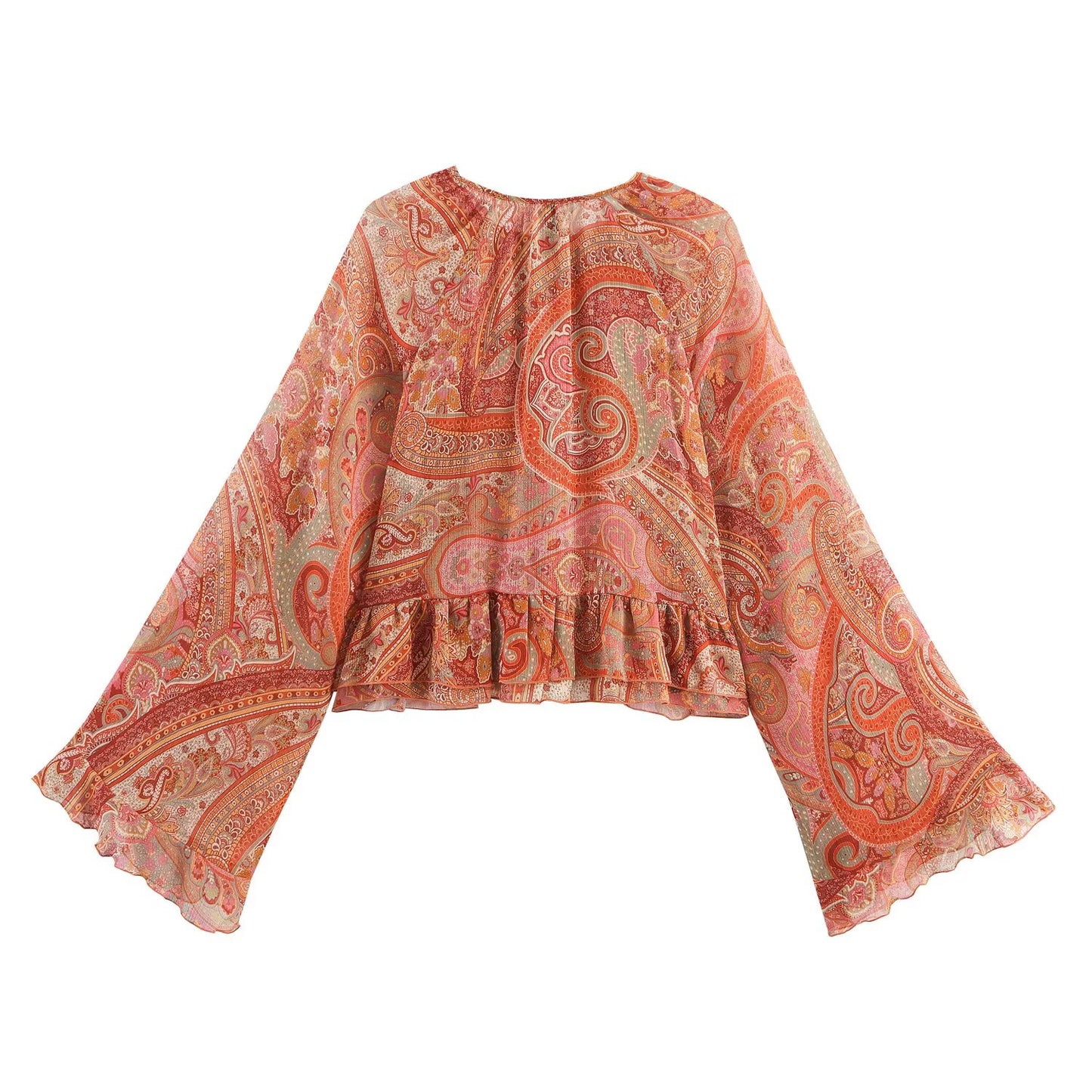 Women's new fashion printed trumpet sleeves ruffle edge top