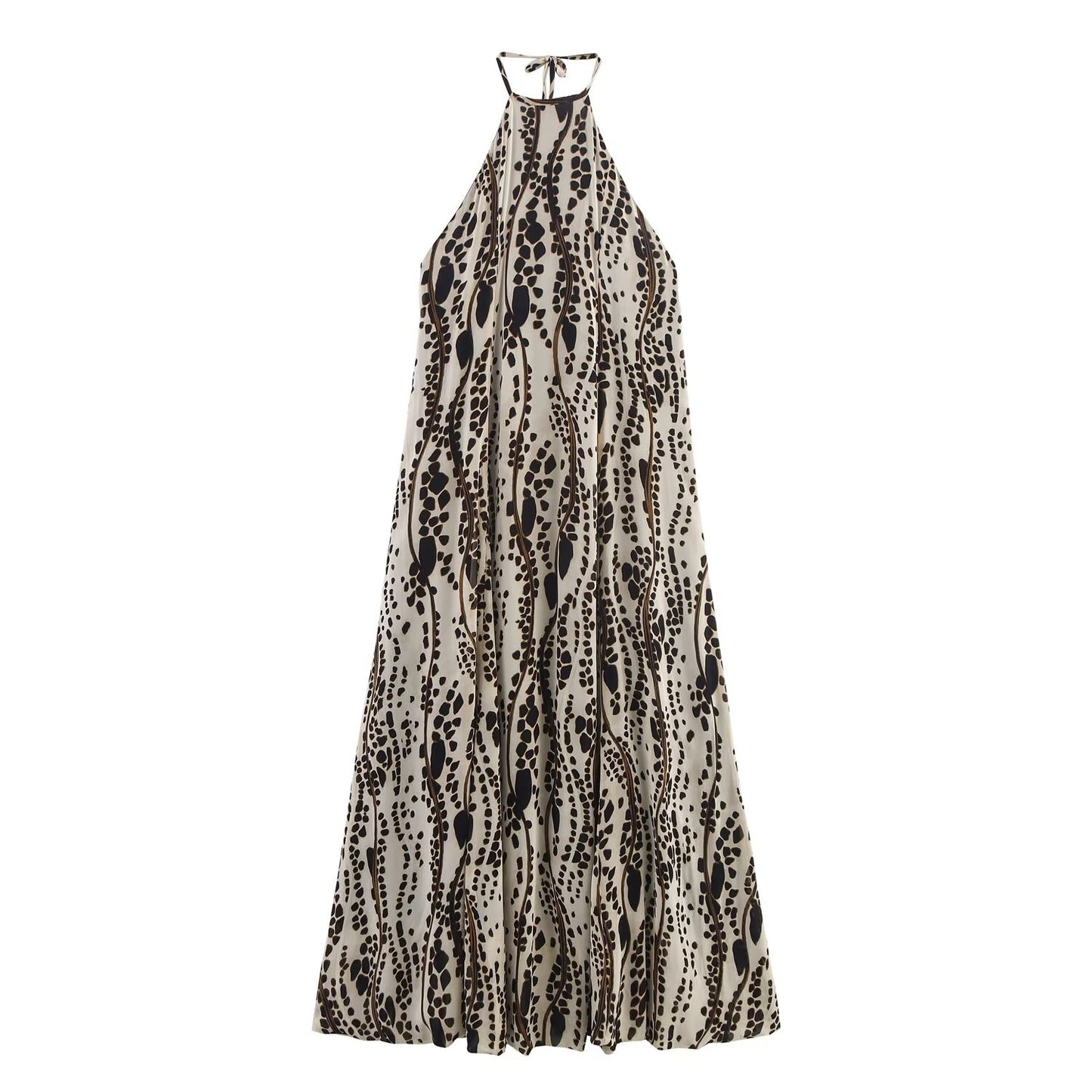 Women's summer fashion backless printed hanging neck MIDI dress