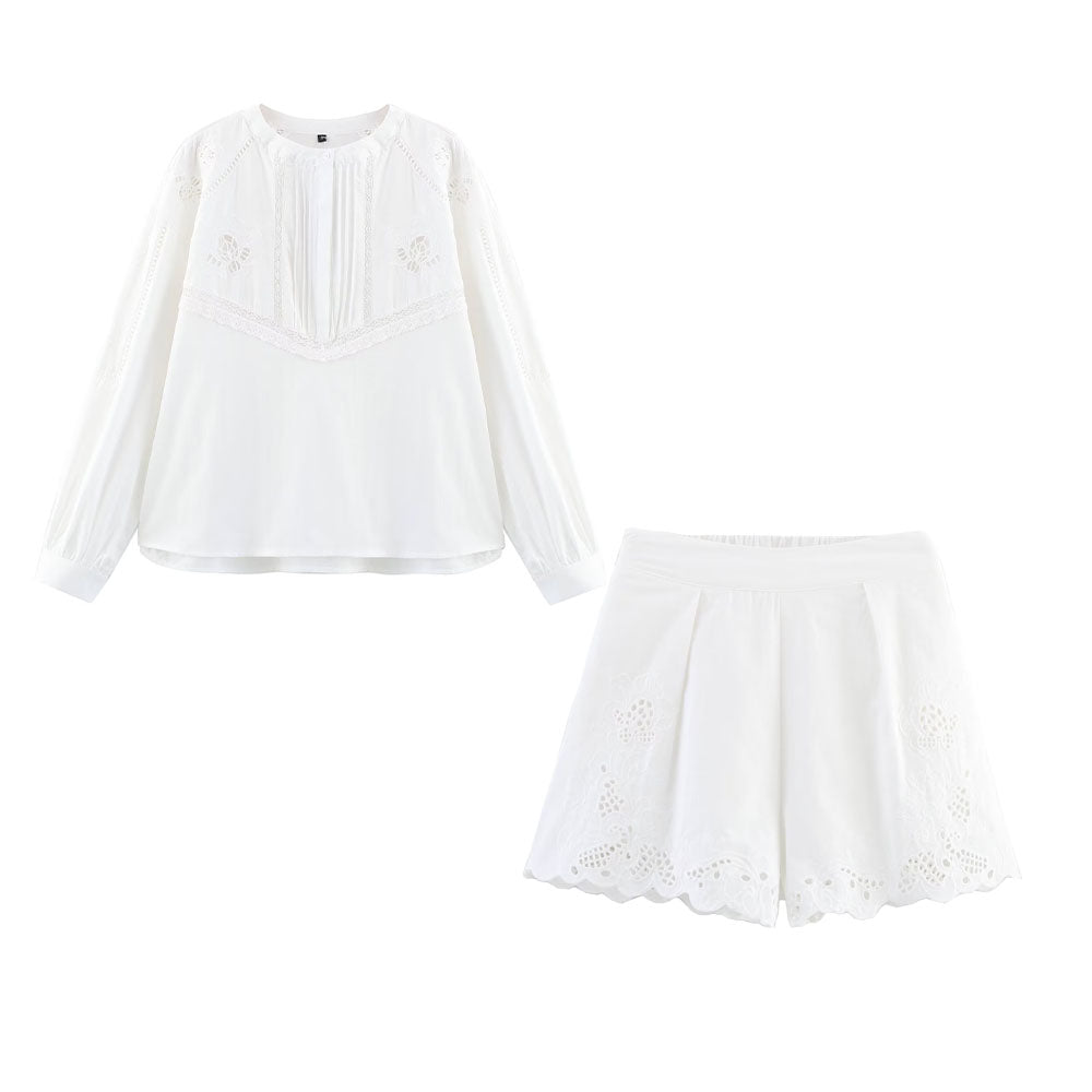Suit women's 2 pieces 2025 fashion vertical lace embroidered shirt retro women+shorts women's suit