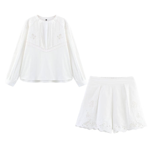 Suit women's 2 pieces 2025 fashion vertical lace embroidered shirt retro women+shorts women's suit