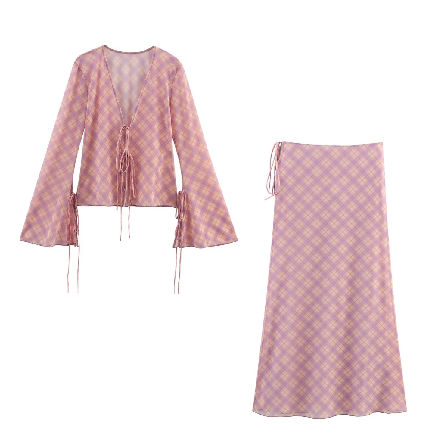 Women's new fashion bow Lace up decoration slim tulle plaid shirt retro V-neck long sleeved women's shirt chic top+Skirts Women's suit