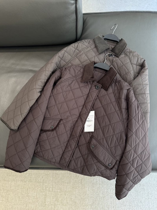Women's winter fashion loose diamond grid corduroy lapel cotton jacket