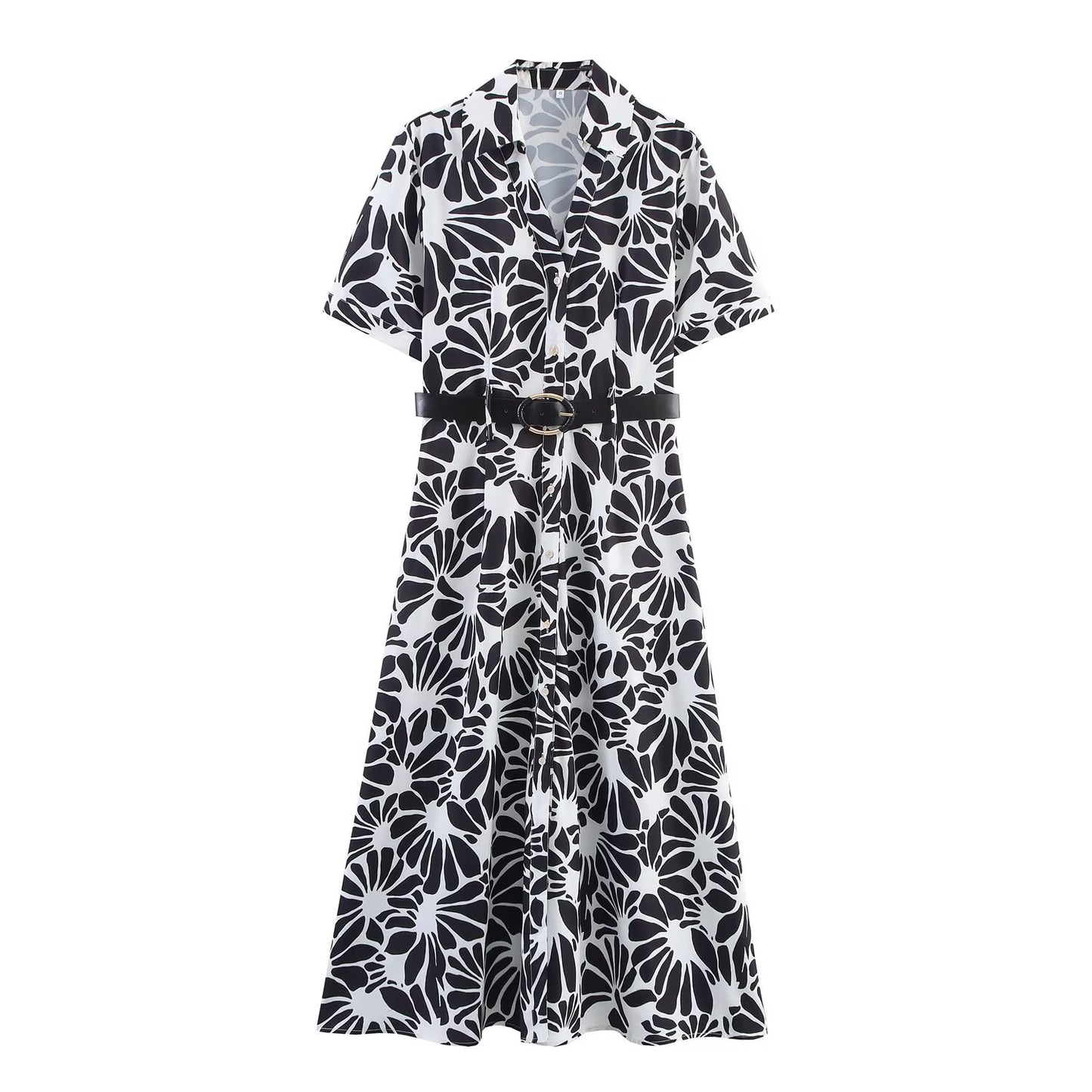 Women's New Fashion With Belt Short sleeved Printed Poplin Midi Dress
