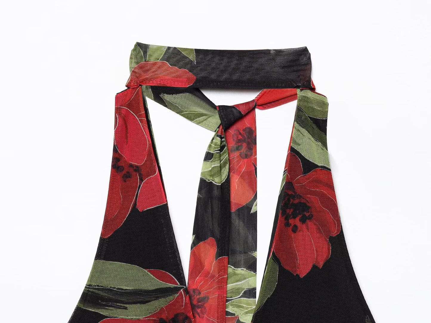 Women's New Fashion Tight Backless tulle Printed Hanging Neck Midi Dress