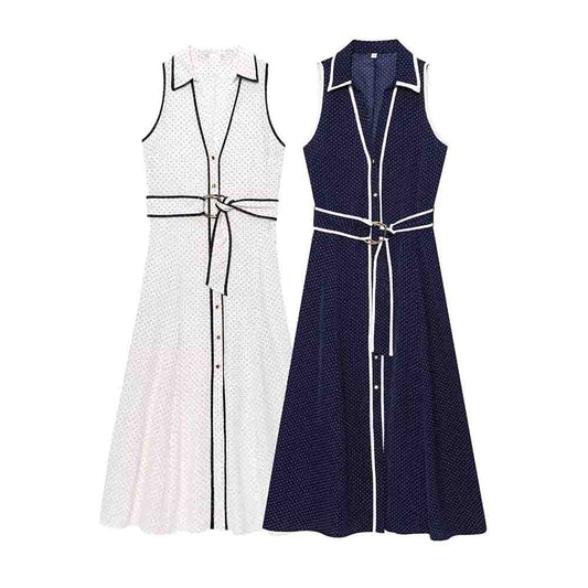 Women's chic fashion with Belt polka dot printed shirt style MIDI dress