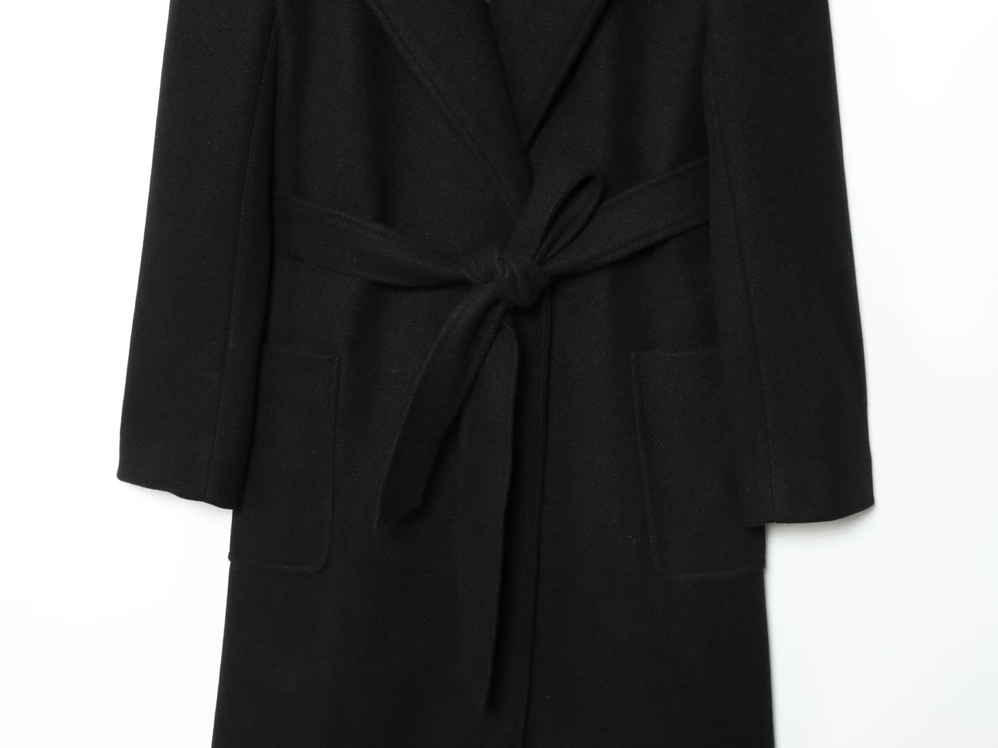 Women's New Fashion With Belt Black Long Style Wool Blended Woolen Coat