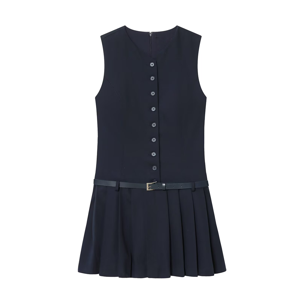 Women's with Belt low waist pleated Blazer dress