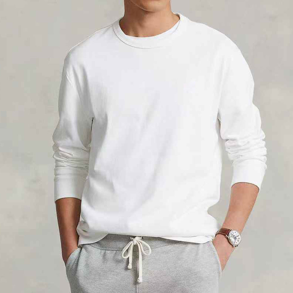 Men's new casual Joker embroidered solid color O-neck bottoming shirt long sleeve T-shirt