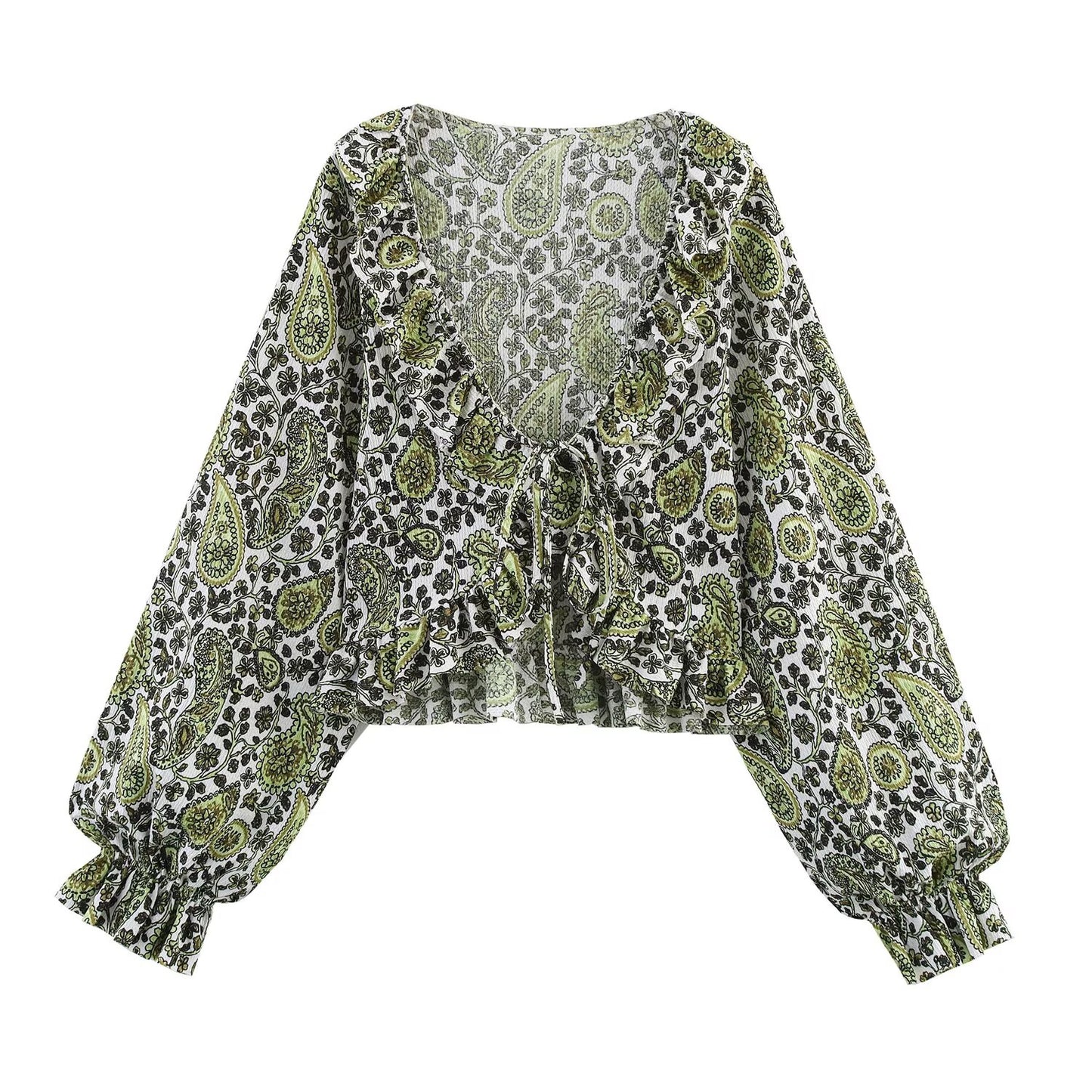 Women's new fashion layered decorative print V-neck top retro long sleeved women's shirt chic top