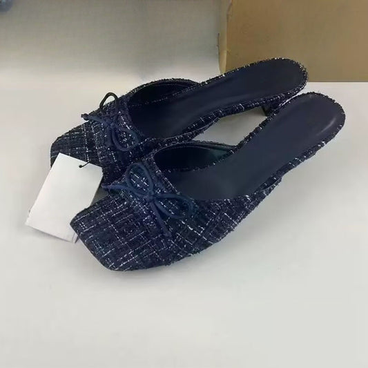 Women's 2025 New Fashion Joker Bow Decorative Square Head Small High-heeled Sandals