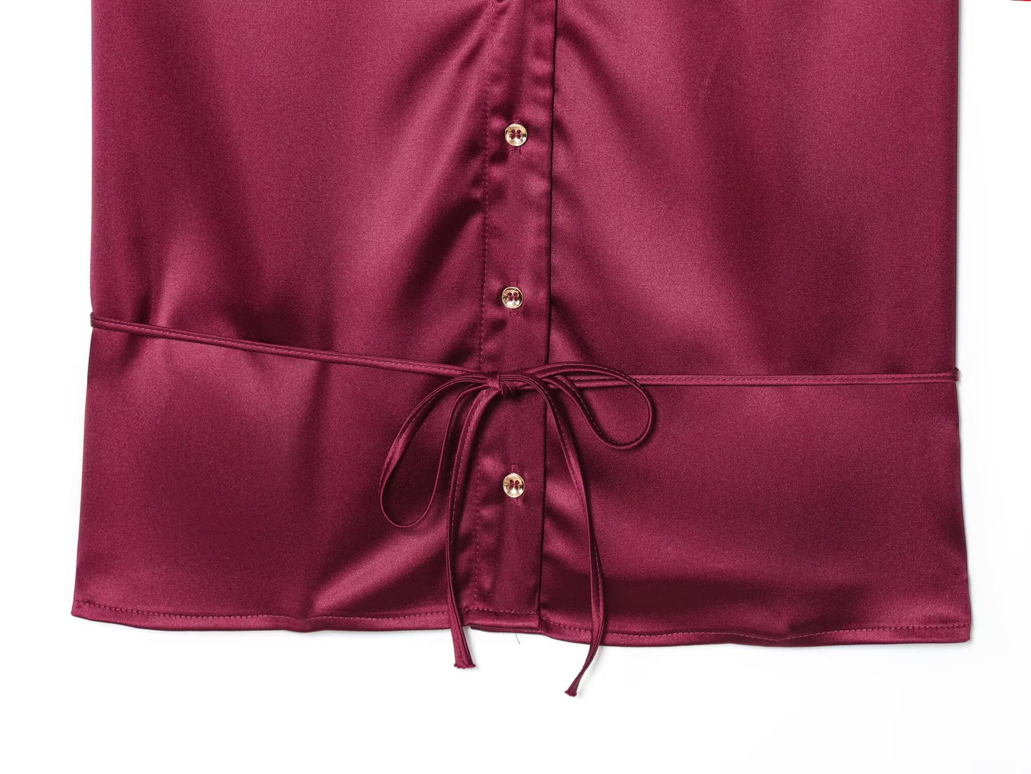 Women's new fashion with Belt short sleeved satin textured shirt+Pants suit