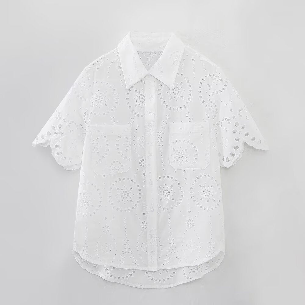 suit Women's 2 pieces fashion hollow embroidery short sleeved shirt+Shorts suit