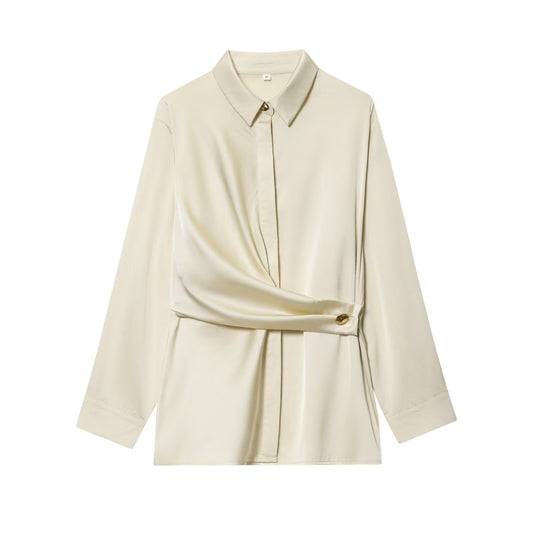 Women's new fashion knot decoration satin texture button up shirt