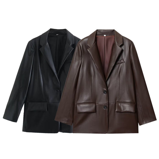 Women's new fashion loose leather effect straight suit jacket