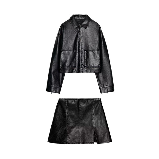 Women's new fashion black Lapel Faux Leather jacket Coat + Shorts Skirts