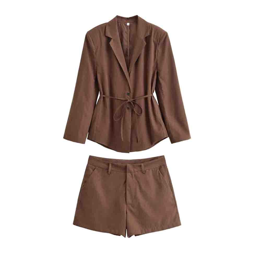 Women's new fashion with Belt long sleeved single breasted striped suit coat+Shorts Women's suit
