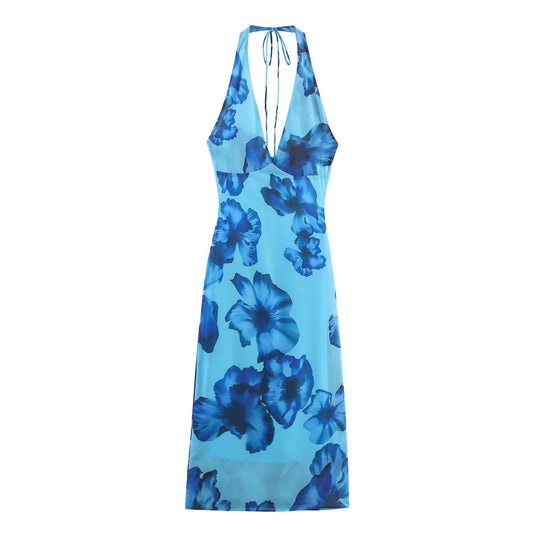 Women's new fashion hanging neck collar printed MIDI dress