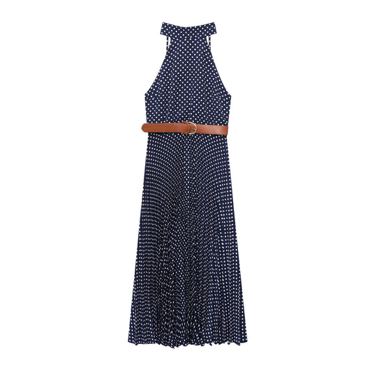 Women's New Fashion with Belt polka dot print hanging neck collar MIDI dress