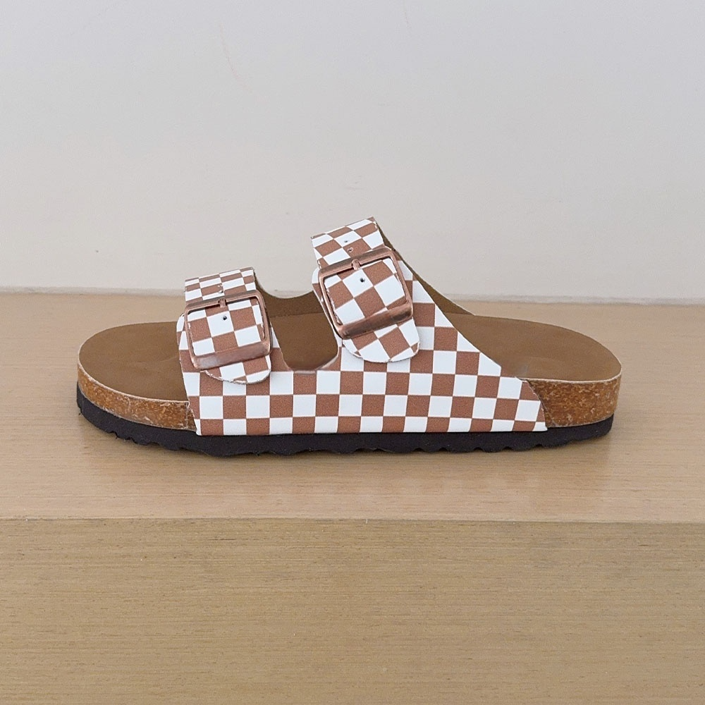 Women's 2026 new fashion cork checkerboard double buckle slippers
