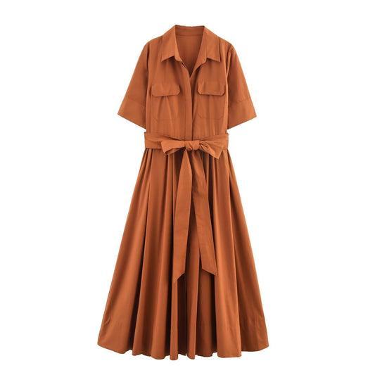Women's new chic fashion With Belt Poplin shirt style MIDI dress retro short sleeved button up women's dress