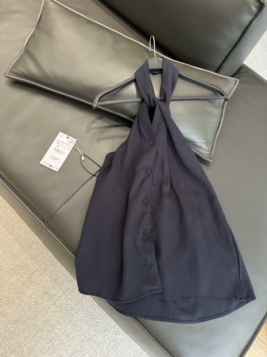 Women's new fashion sleeveless single breasted halter neck vest style top