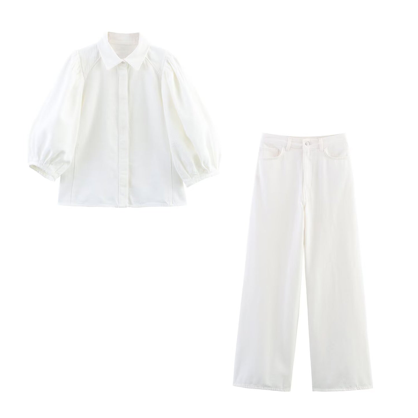 Women's' New Fashion bubble short sleeved casual Button-up denim shirt+Jeans Women's suit