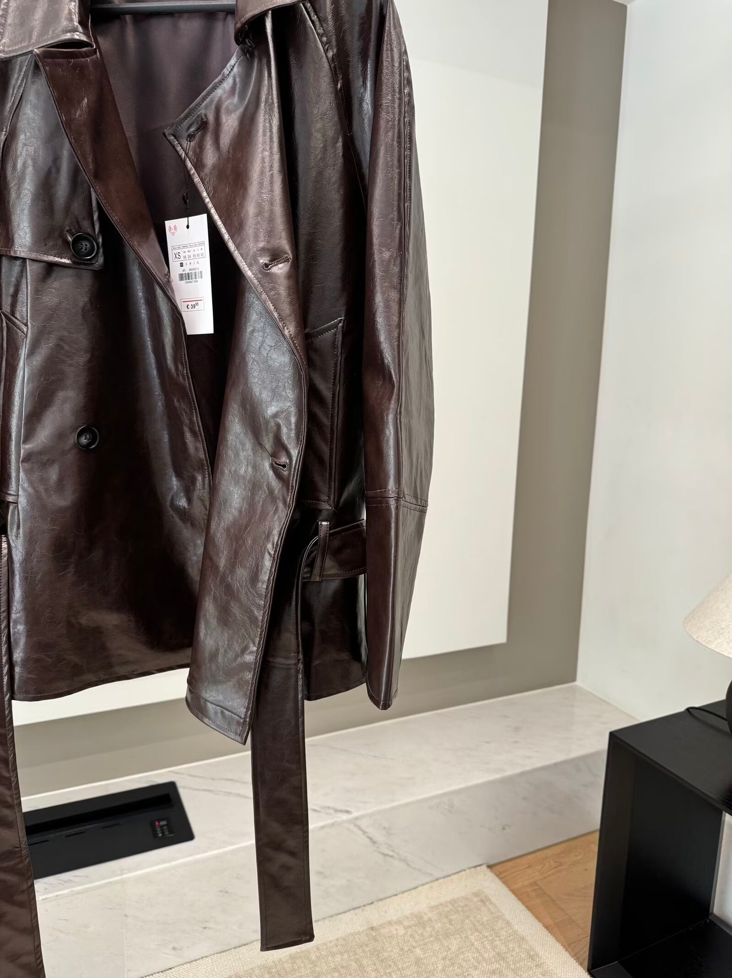 Women's new fashion with Belt short faux leather windbreaker Coat