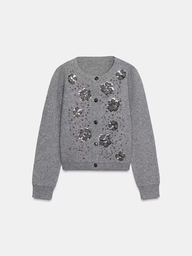 Women's new fashion bead decoration O Neck knitted Coat