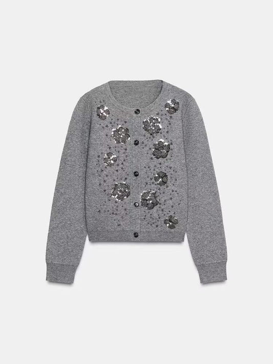 Women's new fashion bead decoration O Neck knitted Coat