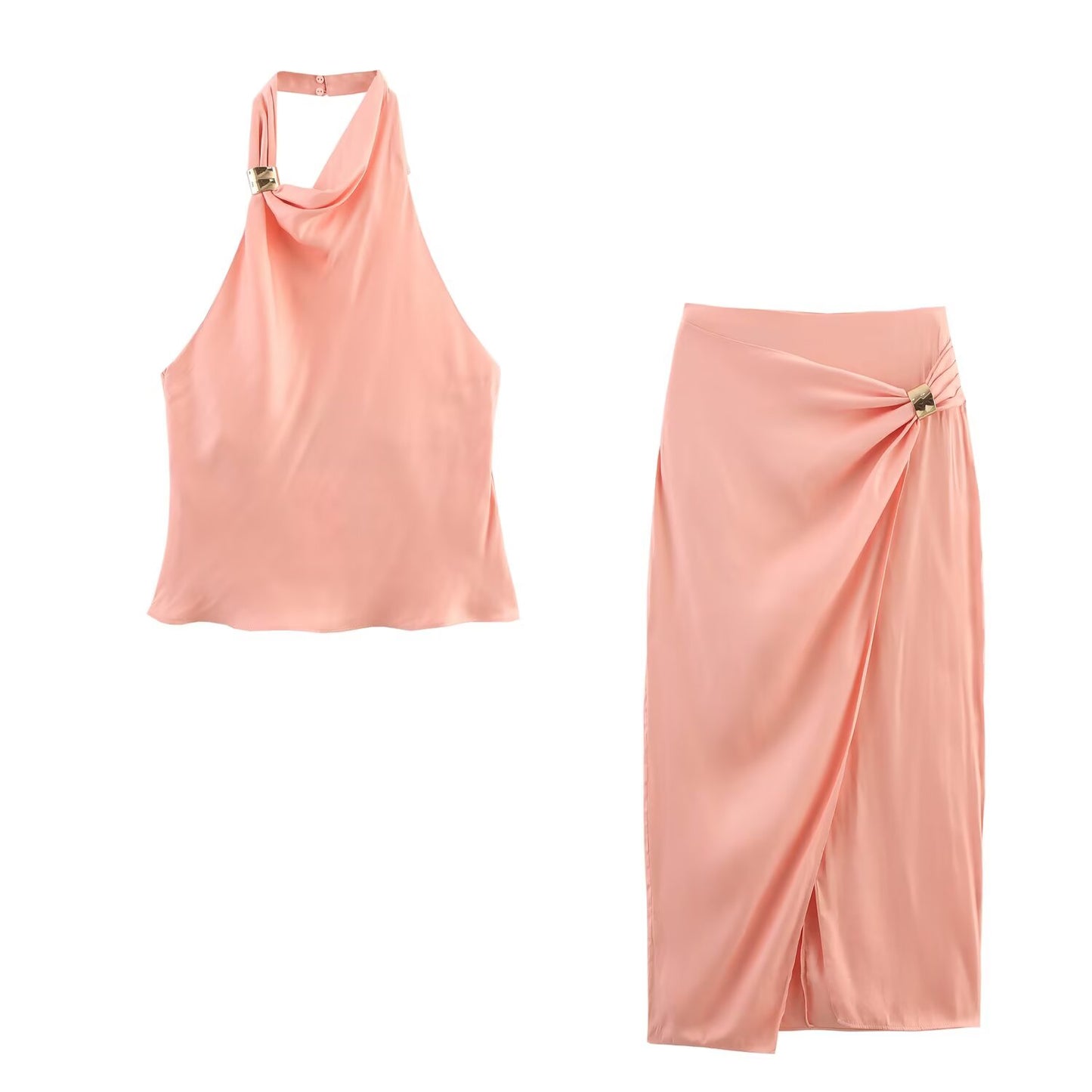 Women's new fashion slim satin texture Pleated hanging neck top retro sleeveless backless women's vest chic top+Skirts Women's suit