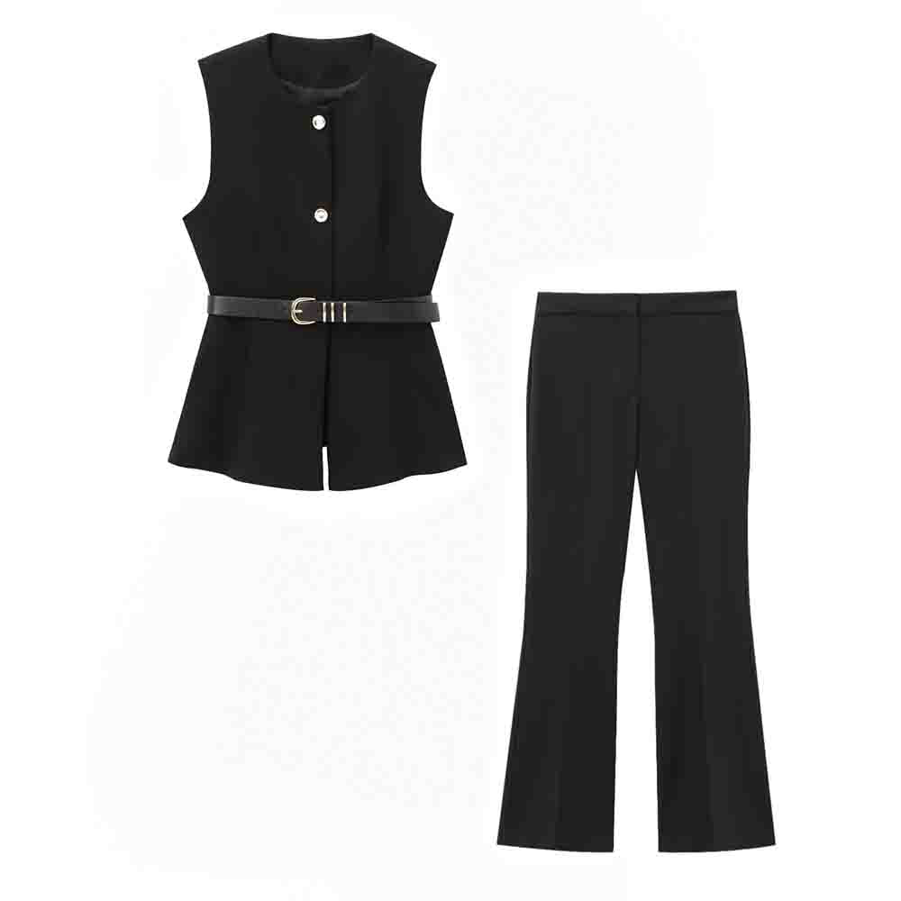 Women's new fashion with Belt casual single breasted O-Neck vest+Pants Women's suit