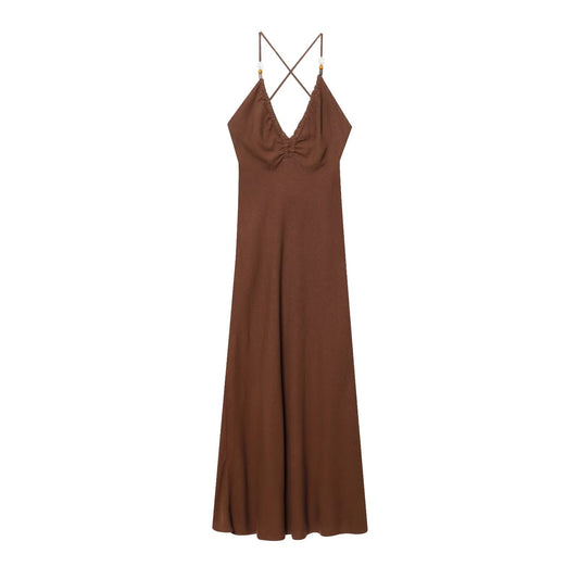 Women's new fashion slim backless V-neck linen blended suspender MIDI dress