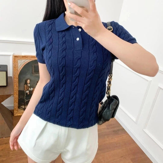 Women's New Joker Embroidered Lapel Pullover Short-sleeved T-shirt Knitwear Top