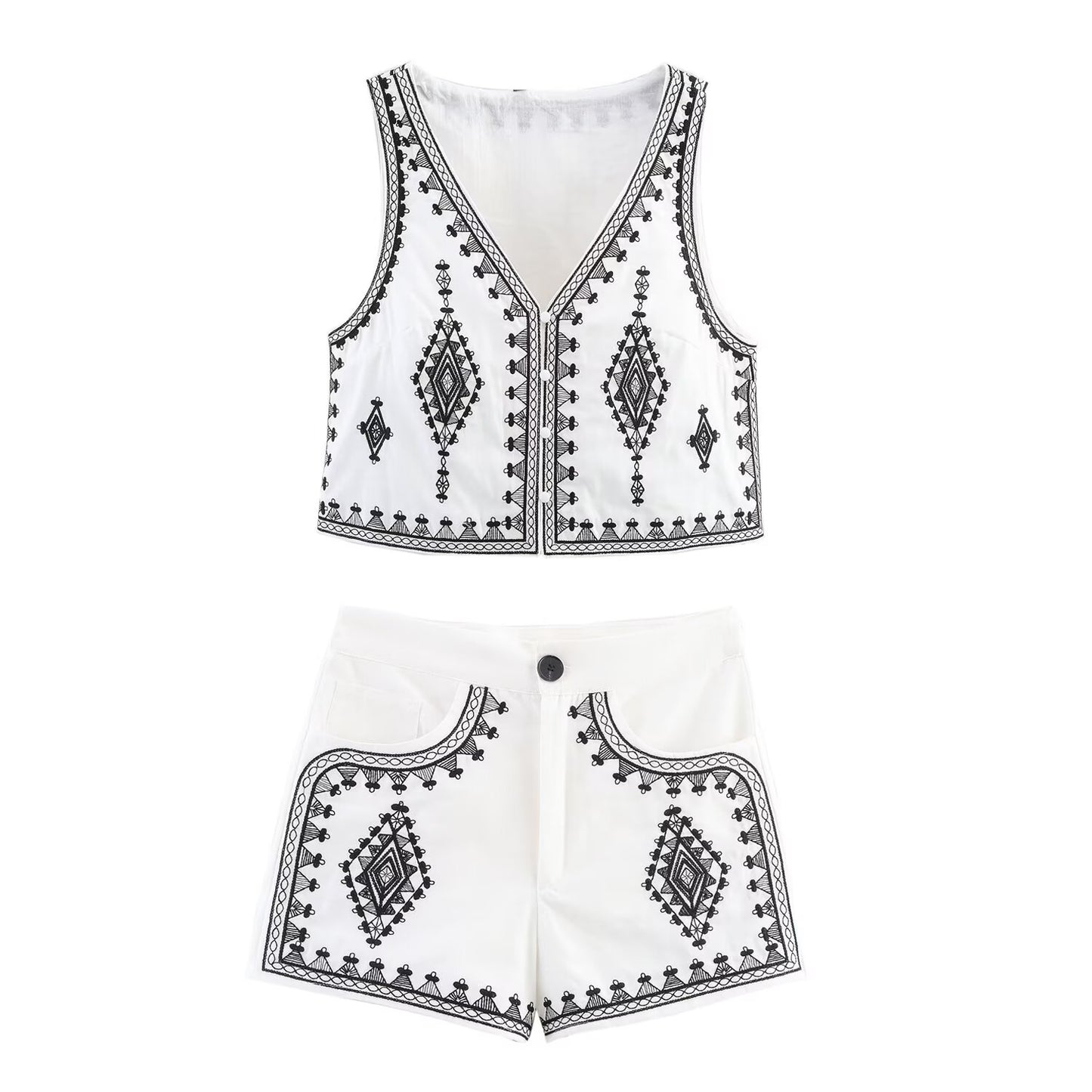 suit Women's 2 pieces fashion short contrasting embroidered V-neck vest+Shorts suit