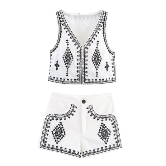 suit Women's 2 pieces fashion short contrasting embroidered V-neck vest+Shorts suit