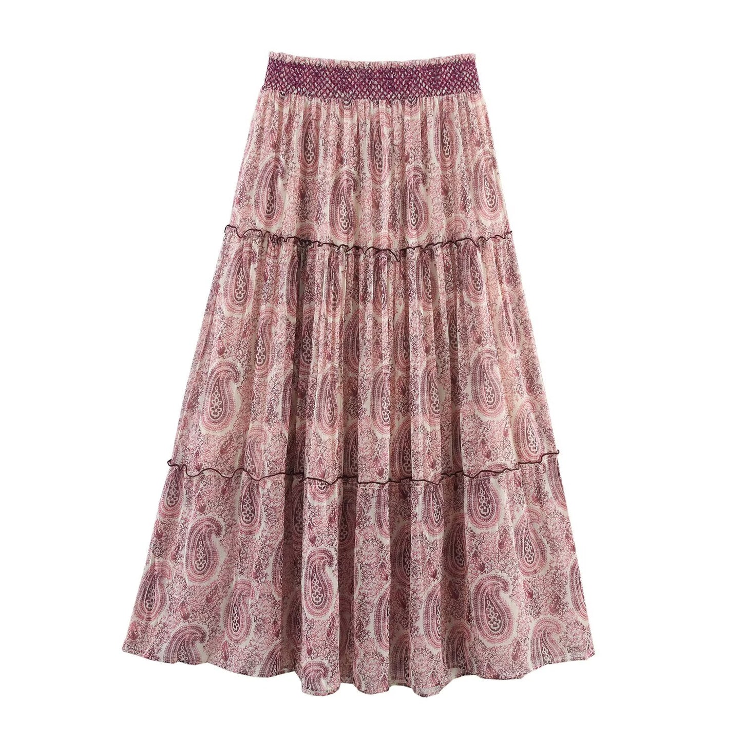Women's new chic Fashion loose casual versatile pleated printed Midi skirt retro elastic waist women's skirt