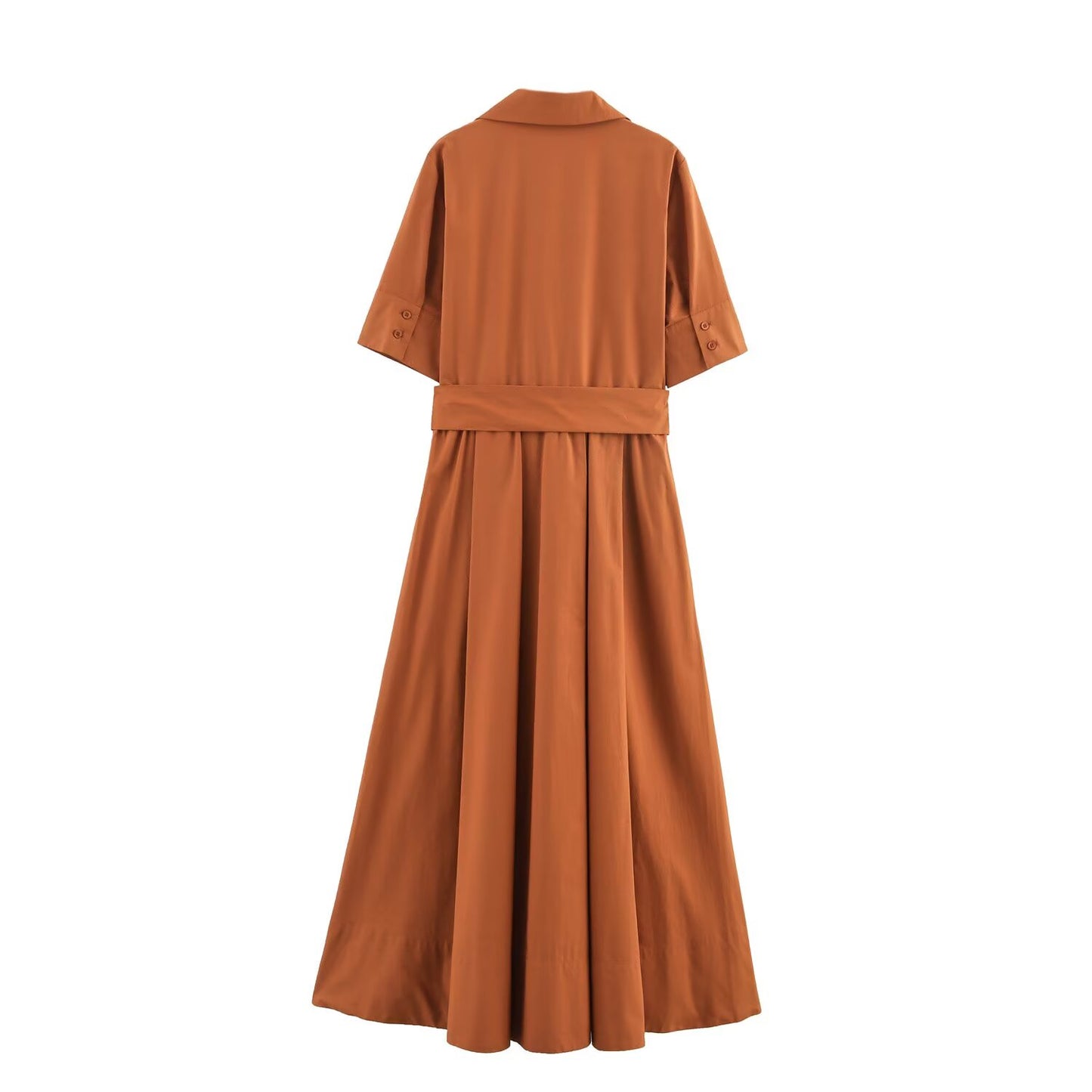 Women's new chic fashion With Belt Poplin shirt style MIDI dress retro short sleeved button up women's dress