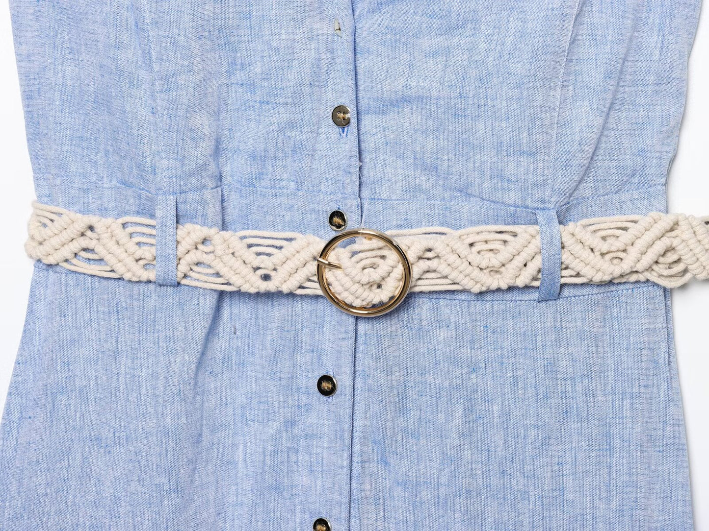 Women's New Fashion With Belt Casual Single breasted Linen Blended Sleeveless Midi Dress