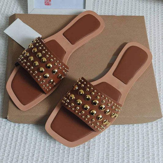 Women's New Fashion Casual Joker Flat Shoes Square Head PVC Rhinestone Rivet Semi-trailer Sandals Women's Shoes.