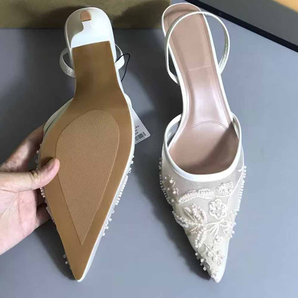 Women's Shoes New White Embroidered Mesh Stilettos Pointed Shallow Sandals Women